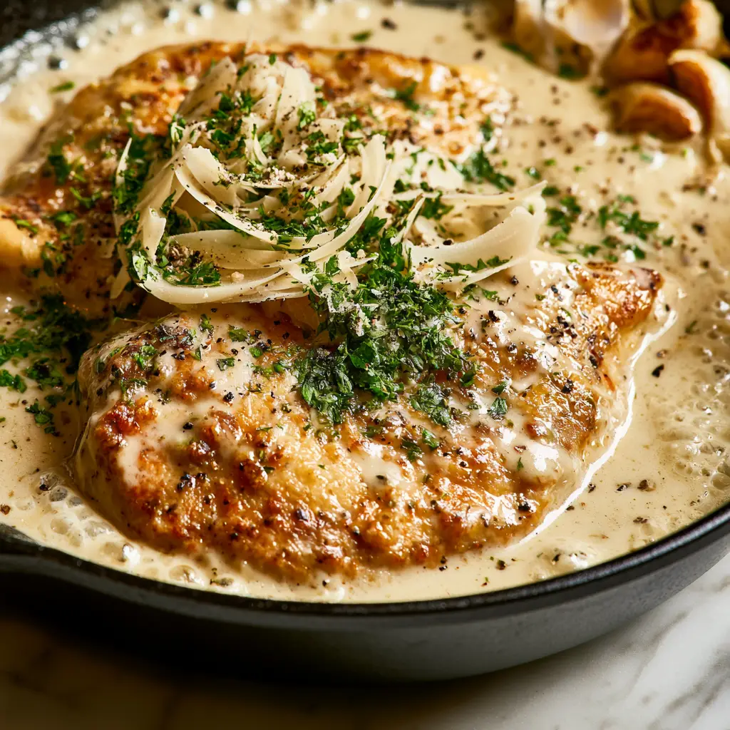 Creamy Garlic Parmesan Chicken Recipe with a Golden Crust 2 Close-up of seared parmesan-crusted chicken breasts in a thick garlic cream sauce with parmesan curls. (Creamy Garlic Parmesan Chicken Recipe)