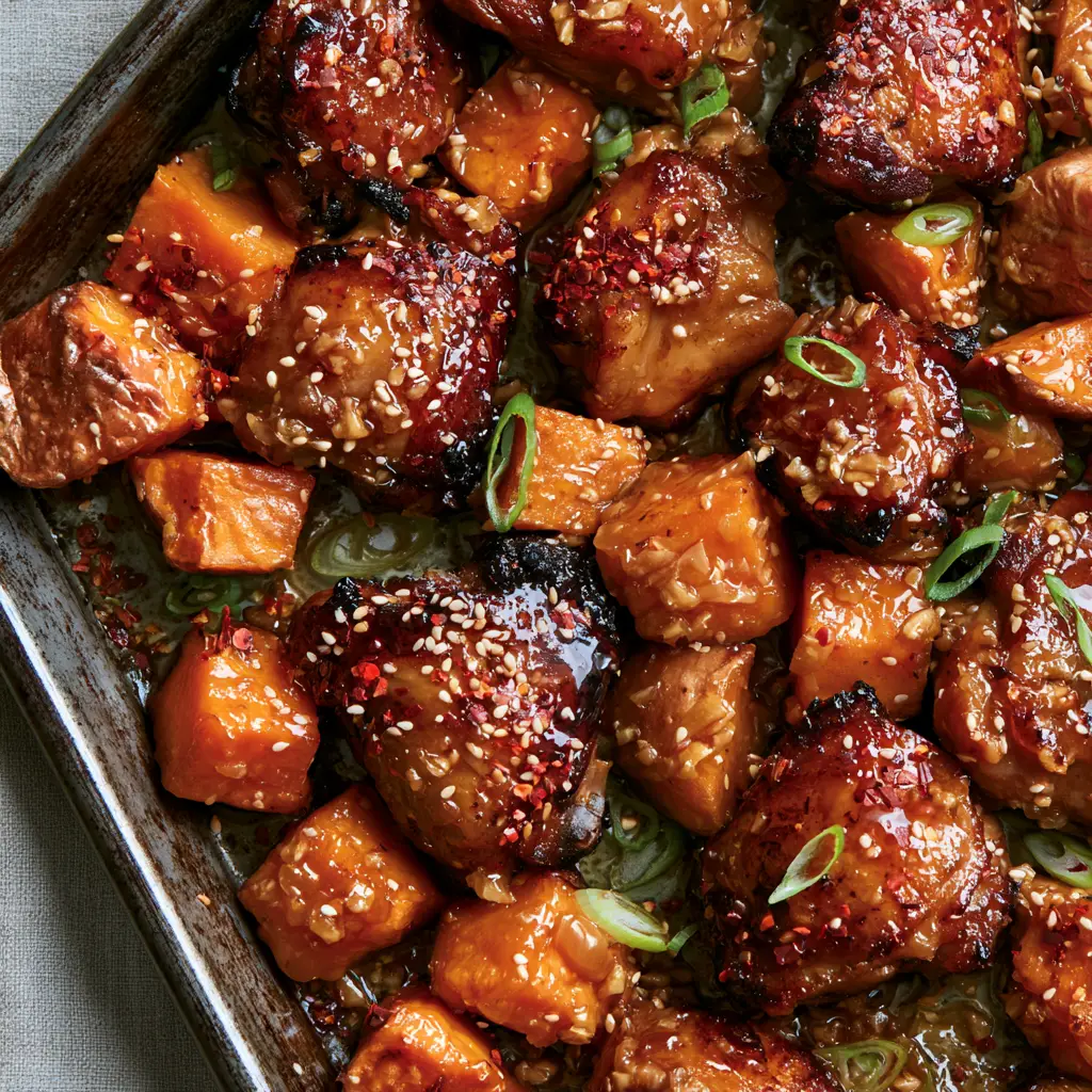 Honey Garlic Chicken and Sweet Potato (Easy Sheet Pan Meal) 2 Overhead view of roasted chicken chunks and blistered sweet potatoes with honey garlic chicken and sweet potato glaze.
