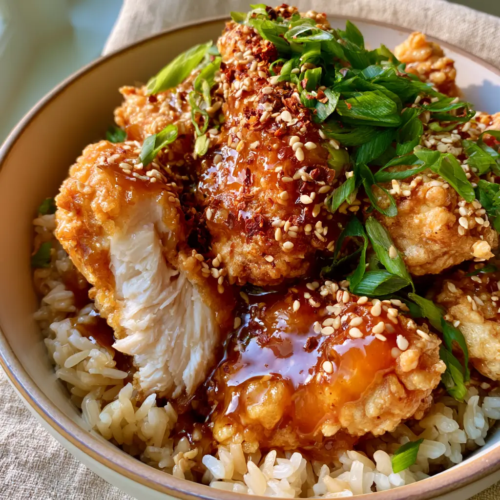 Garlic Honey Crispy Chicken: The Ultimate Shatter-Crunch Recipe 1 Close up of double-fried honey garlic chicken sliced open to show juicy white meat inside a golden crust.