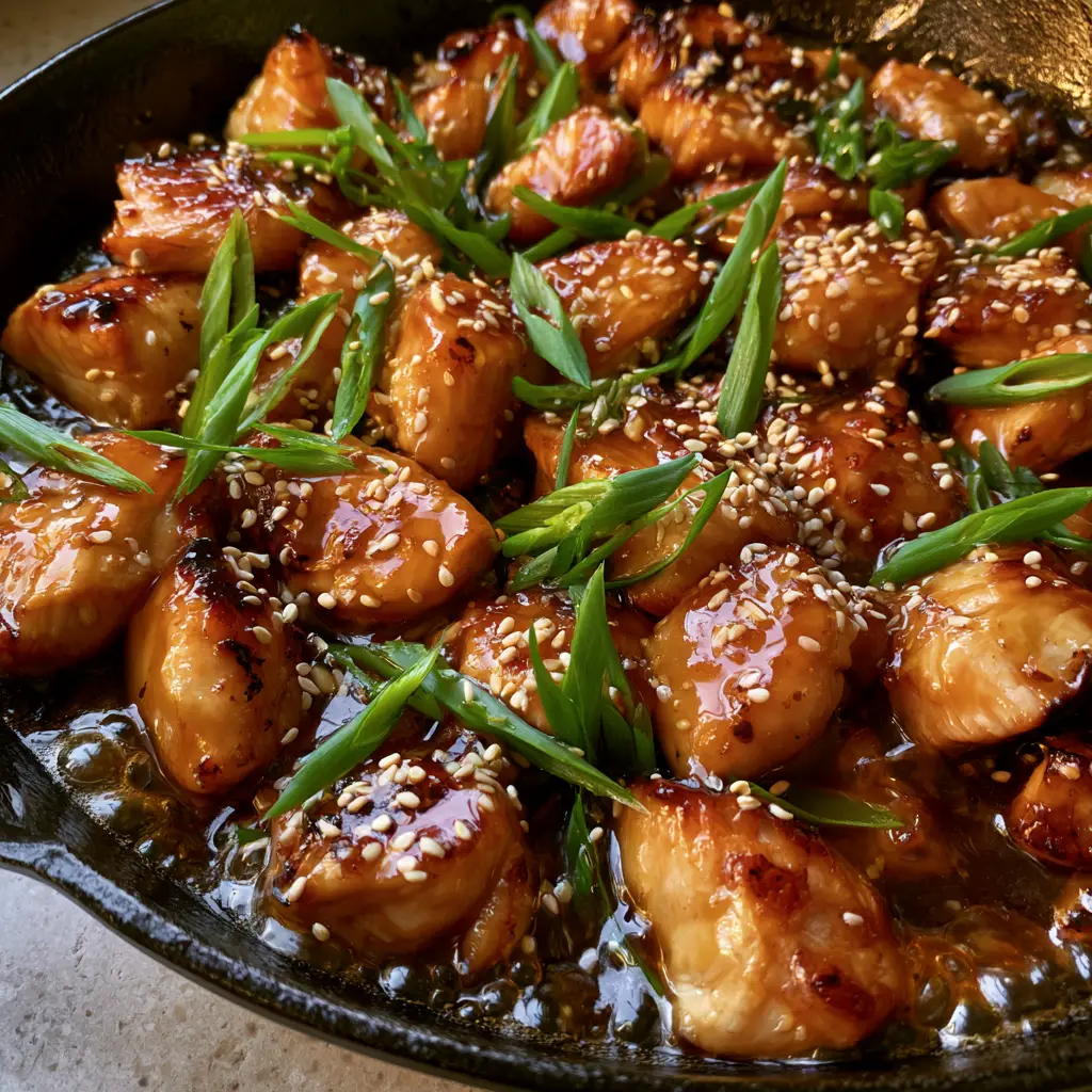 Honey Glazed Garlic Chicken: The Ultimate 20-Minute Skillet Dinner 1 Smartphone photo of Honey Glazed Garlic Chicken garnished with bright green scallions and toasted sesame seeds on a stone countertop.