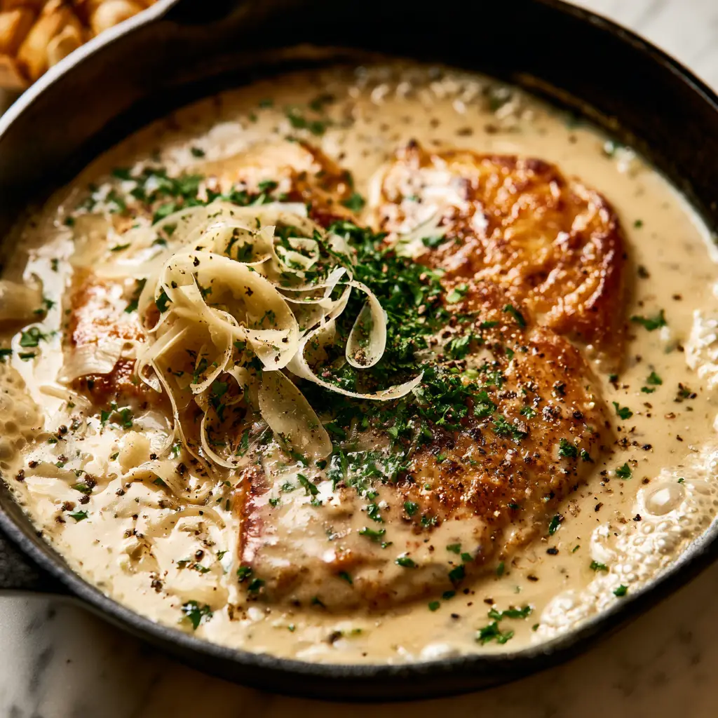 Creamy Garlic Parmesan Chicken Recipe with a Golden Crust 1 A velvety ivory-colored garlic sauce bubbling around chicken breasts with roasted garlic cloves in the background. (Creamy Garlic Parmesan Chicken Recipe)