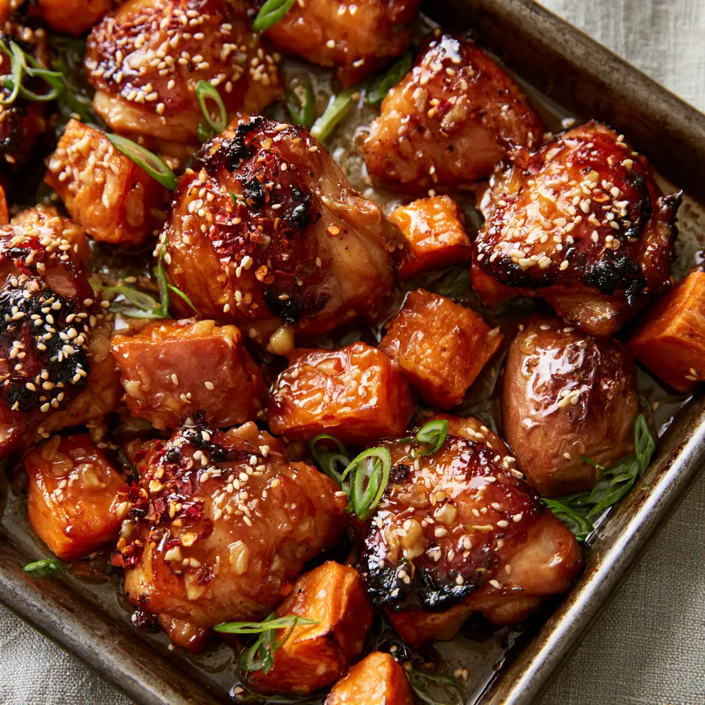 Honey Garlic Chicken and Sweet Potato (Easy Sheet Pan Meal) 1 Close up of minced roasted garlic and sesame seeds on honey garlic chicken and sweet potato.