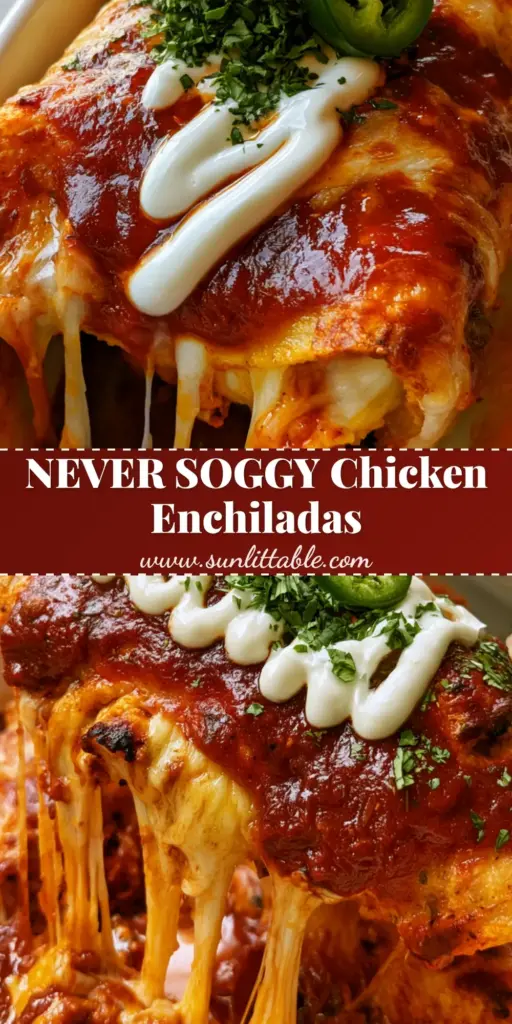 A close-up of a chicken enchilada with toasted corn tortilla edges, thick red sauce, and a lime crema zigzag. (chicken enchiladas recipe)