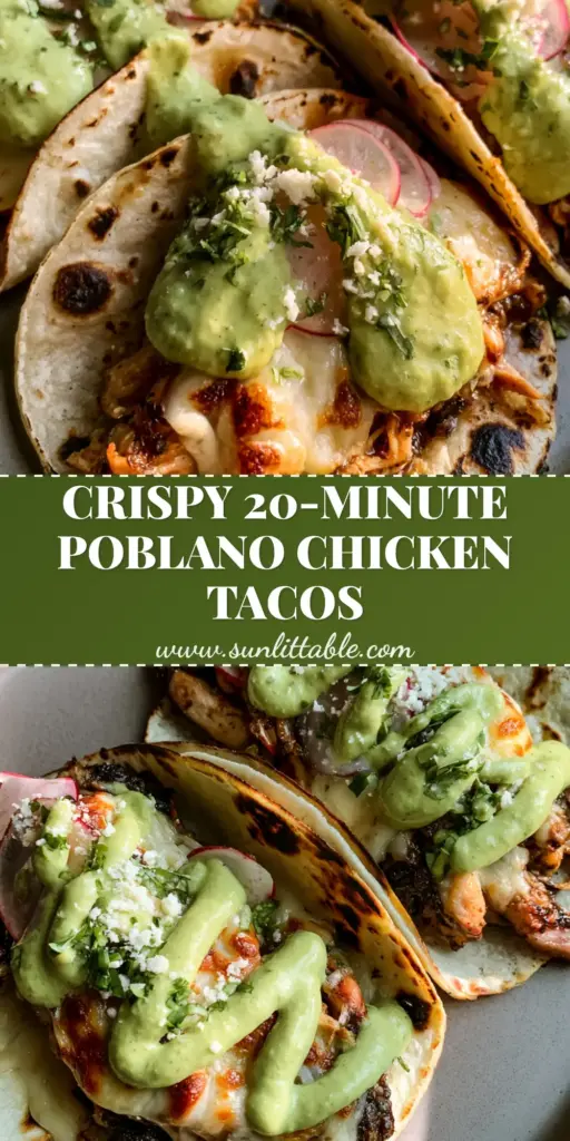 Poblano Chicken Tacos with Smoky Reduction and Roasted Crema 4 A vertical shot of three Poblano chicken tacos with vibrant green crema, radish slices, and charred white corn tortillas on a stoneware plate.