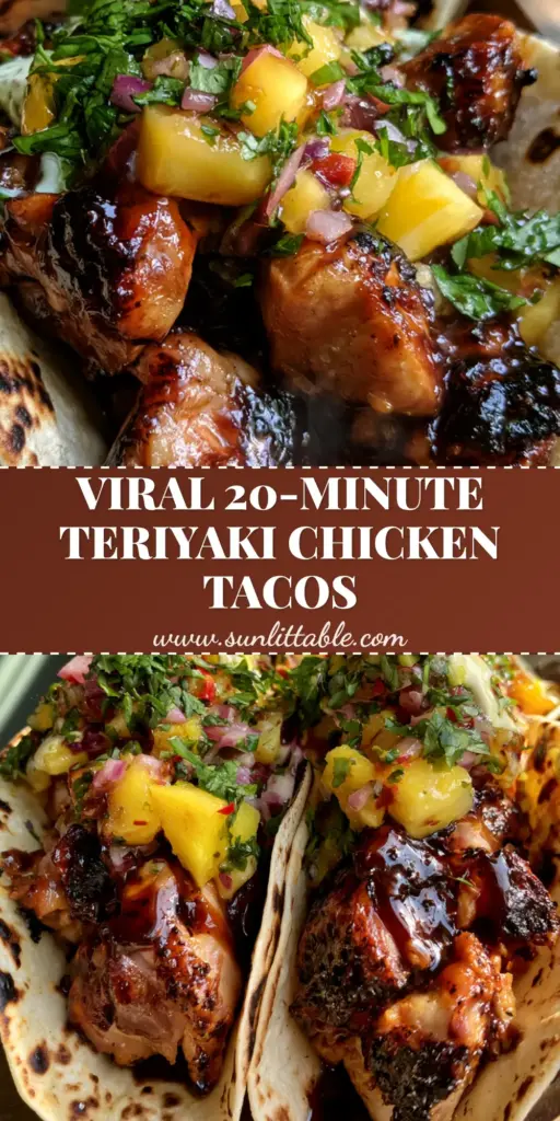 Teriyaki chicken tacos with Charred Pineapple Salsa and Lime Crema 4 A vertical Pinterest pin featuring three gourmet Teriyaki chicken tacos with seared chicken, mahogany glaze, and pineapple salsa.