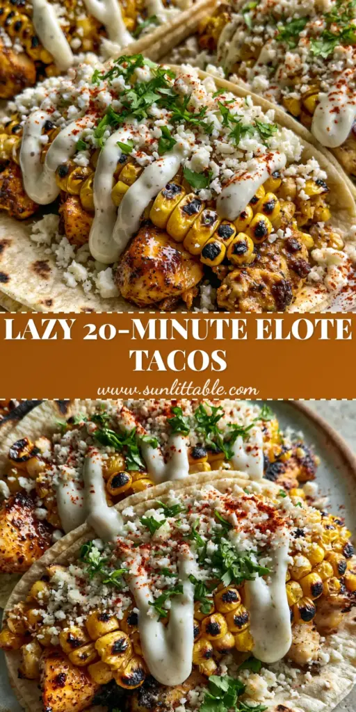 Mexican Street Corn Chicken Tacos with Blistered Corn and Lime Crema 3 Three Mexican Street Corn Chicken Tacos on a rustic plate with seared chicken, charred corn, lime crema zigzag, and cotija cheese.