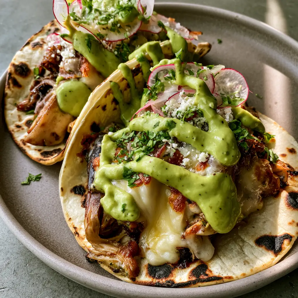 Poblano Chicken Tacos with Smoky Reduction and Roasted Crema 2 Macro overhead shot of Poblano chicken tacos showing the melted Monterey Jack cheese with toasted brown lacy edges and fresh cilantro.