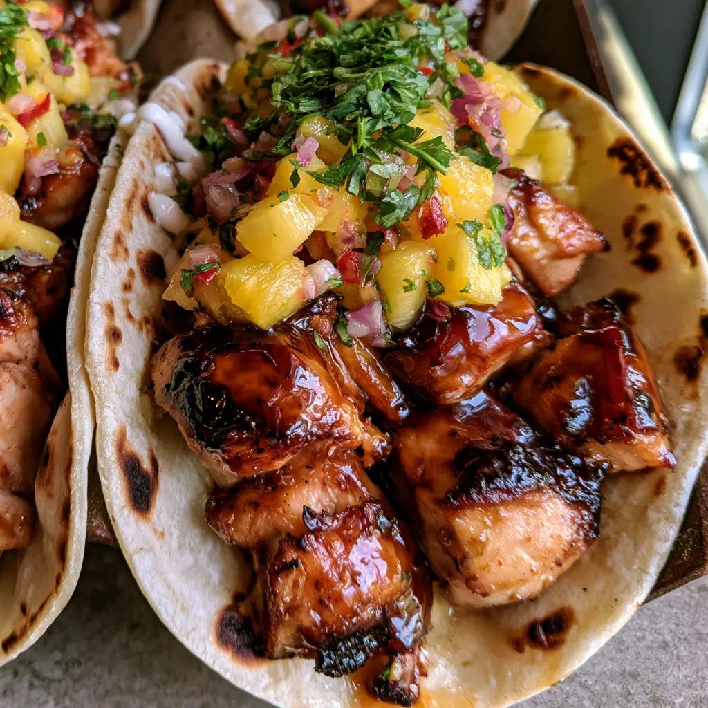 Teriyaki chicken tacos with Charred Pineapple Salsa and Lime Crema 2 Top-down view of three Teriyaki chicken tacos in a rustic holder, showing steam rising from seared mahogany chicken and yellow pineapple salsa.