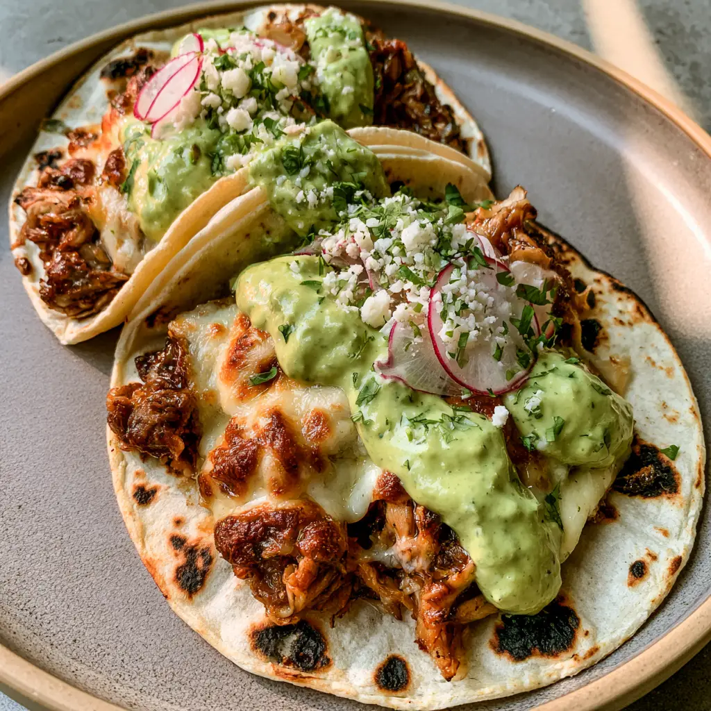 Poblano Chicken Tacos with Smoky Reduction and Roasted Crema 1 Close up of Poblano chicken tacos on a grey concrete background with natural lighting hitting the light-green roasted poblano crema.