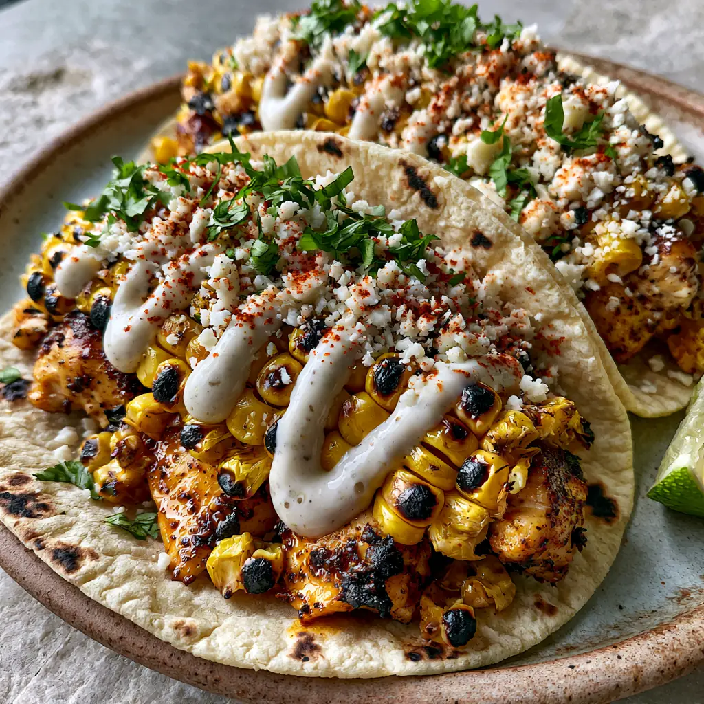 Mexican Street Corn Chicken Tacos with Blistered Corn and Lime Crema 2 Top-down view of Mexican Street Corn Chicken Tacos with toasted corn tortillas and vibrant green cilantro flakes.
