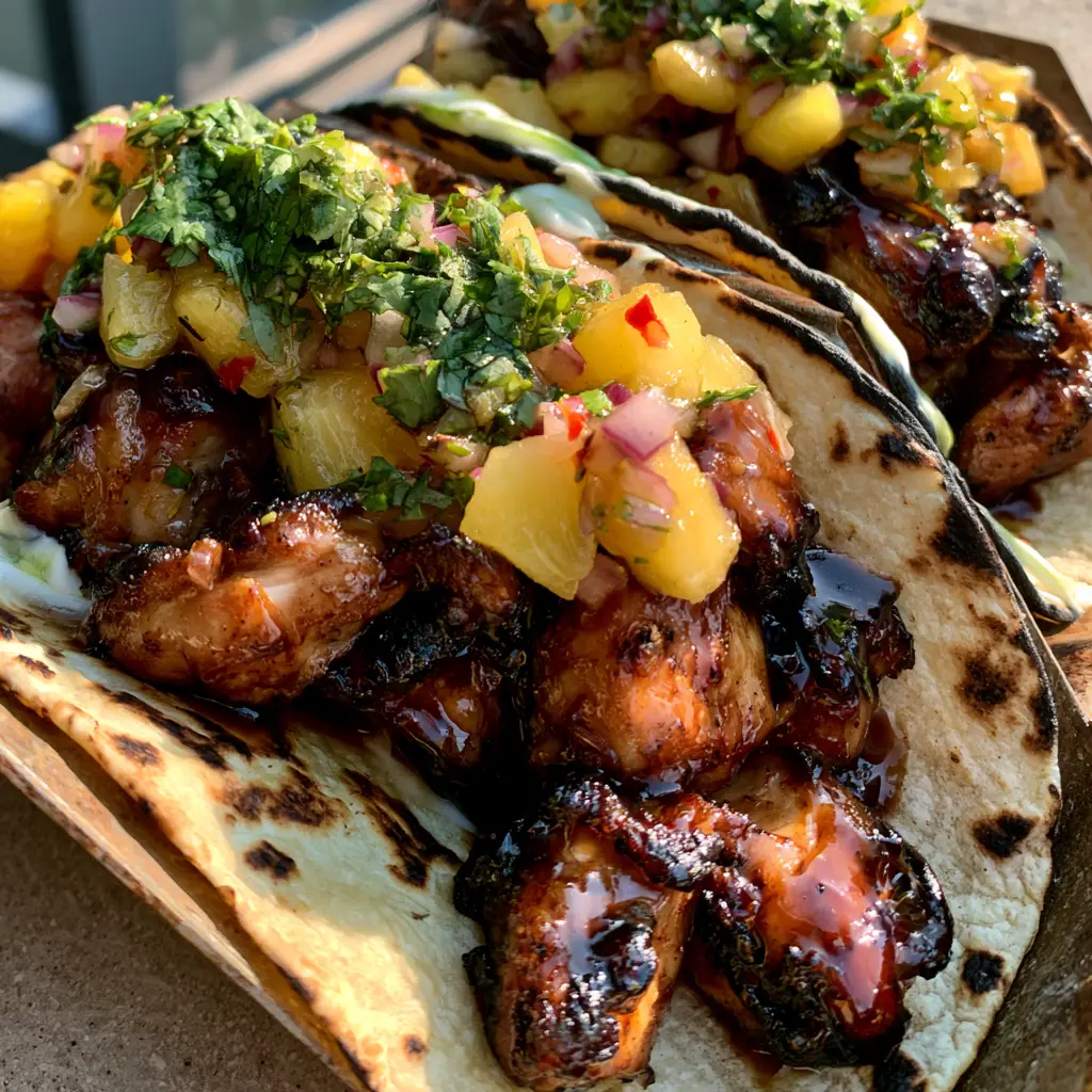 Teriyaki chicken tacos with Charred Pineapple Salsa and Lime Crema 1 Close-up of Teriyaki chicken tacos on charred corn tortillas with lime crema drizzle and red jalapenos.