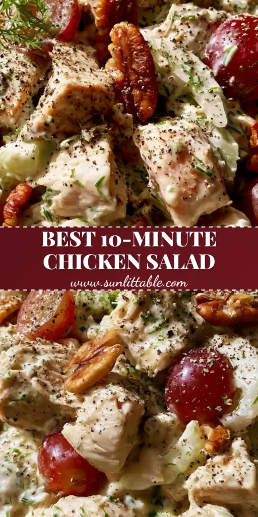 A close-up of savory chicken salad in a ceramic bowl with red grapes, toasted pecans, and fresh dill. (savory chicken salad)