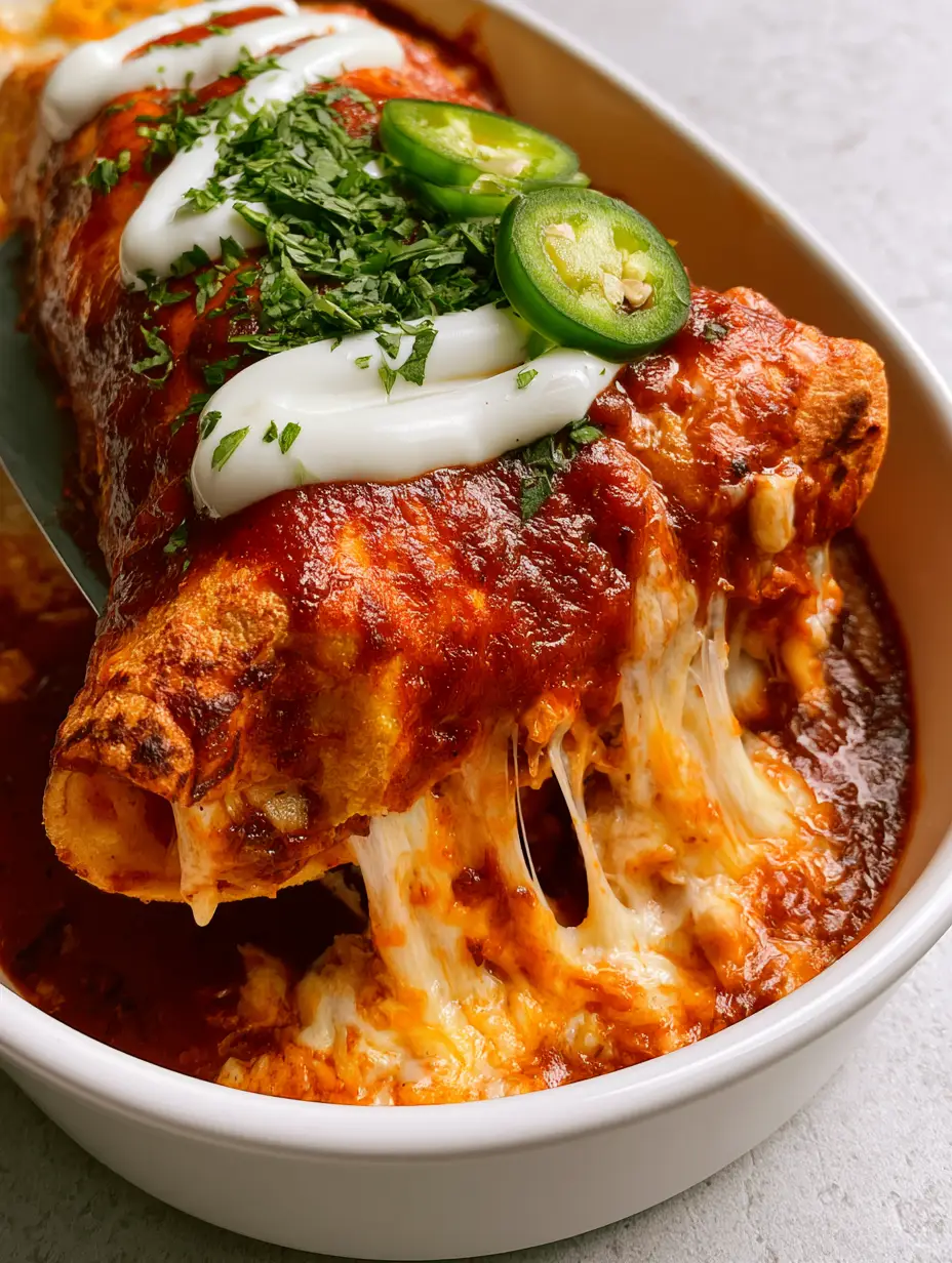 Extreme macro of a chicken enchilada being lifted with a spatula, showing long cheese strings and glossy red sauce. (chicken enchiladas recipe)