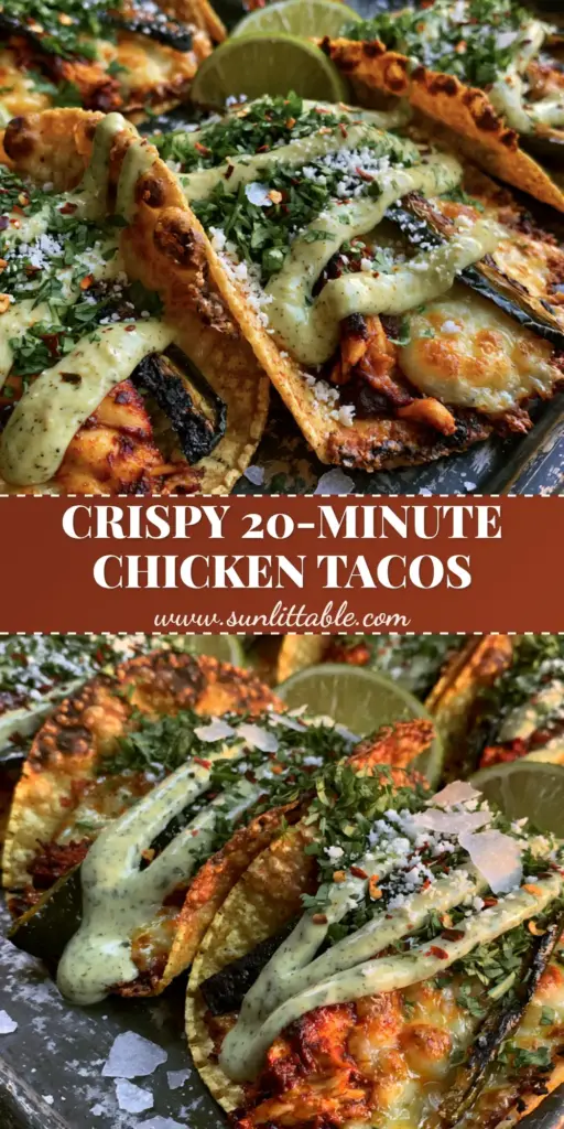 Crispy Poblano Chicken Tacos with Smoky Red Adobo and Poblano Cream 4 A dark weathered sheet pan featuring five Crispy Poblano Chicken Tacos with golden-brown corn tortillas, shredded chicken in red adobo, charred poblano strips, and a zig-zag of pale-green poblano cream sauce.