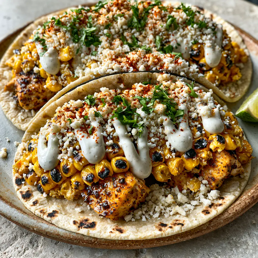 Mexican Street Corn Chicken Tacos with Blistered Corn and Lime Crema 1 Close up of blistered sweet corn and golden seared chicken breast inside a corn tortilla.