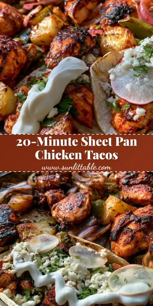 Mexican chicken pineapple tacos with Caramelized Pineapple and Lime Crema 4 A tall Pinterest pin showing a sheet pan of seared chicken and caramelized pineapple alongside two assembled Mexican chicken pineapple tacos with lime crema and radishes.