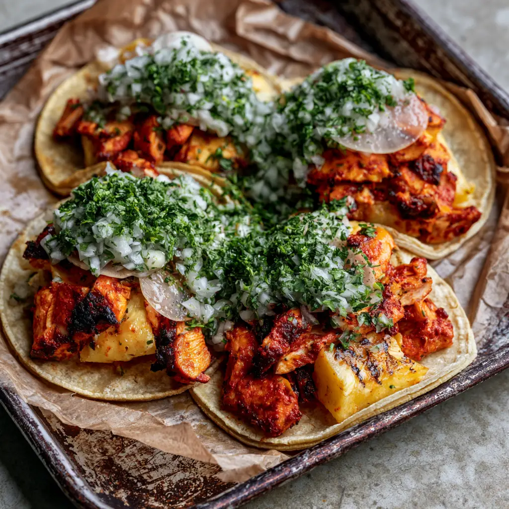 Al Pastor Chicken Tacos with Charred Pineapple and Achiote 2 Top-down view of three Al Pastor Chicken Tacos on a rustic metal sheet pan showing caramelized pineapple and achiote chicken.