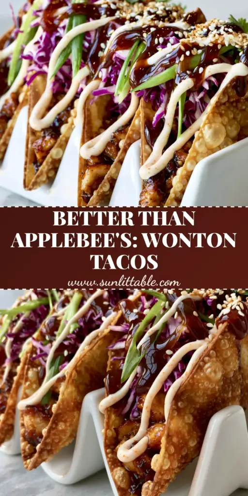 Applebee's Chicken Wonton Tacos: The Ultimate Copycat Recipe 4 A stack of Applebee's Chicken Wonton Tacos featuring bubbly golden shells and vibrant purple slaw.