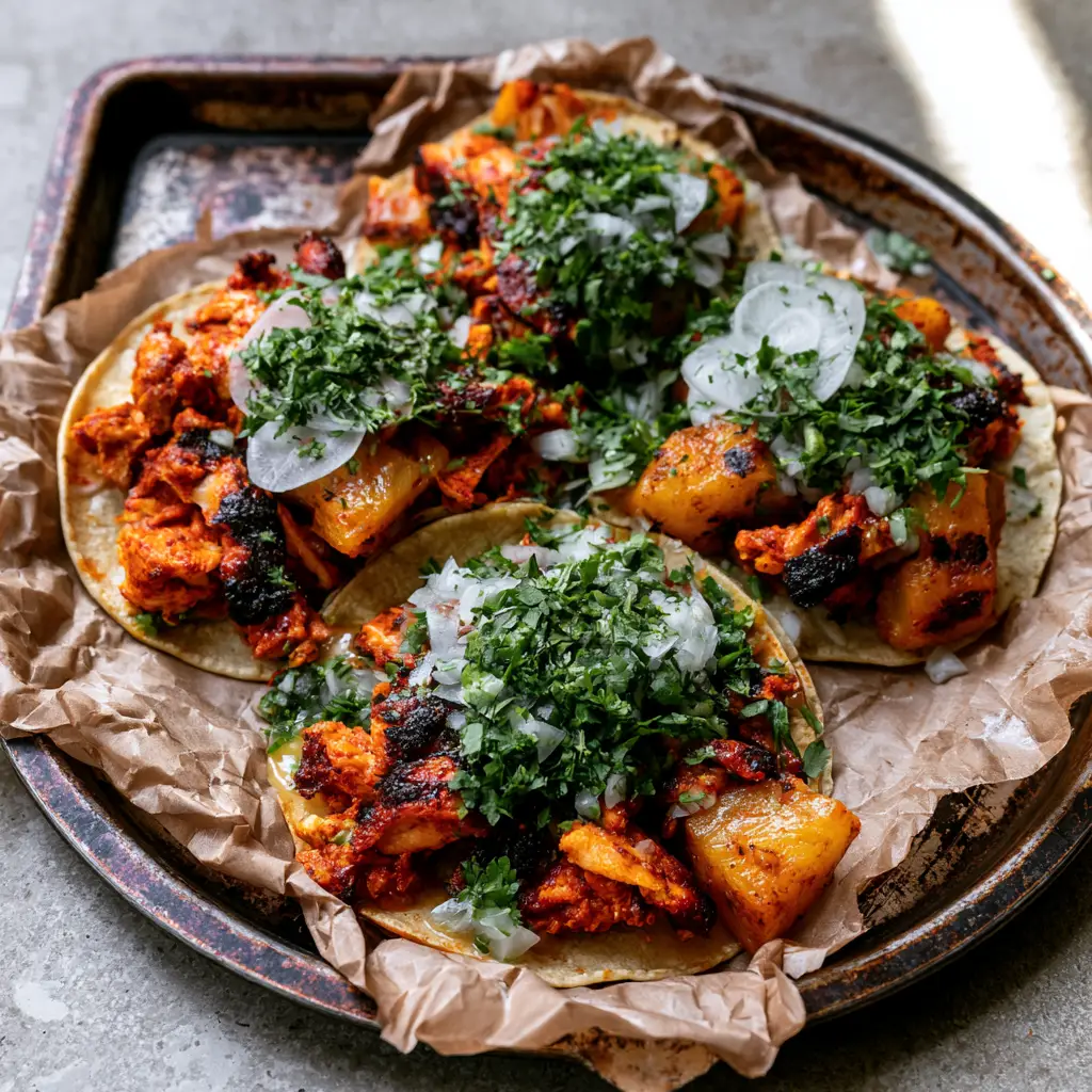 Al Pastor Chicken Tacos with Charred Pineapple and Achiote 1 Close-up of charred corn tortillas filled with achiote marinated chicken and translucent radish slices.