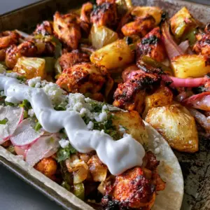 Close up photo of a dark metal sheet pan filled with deeply seared Mexican chicken pineapple tacos ingredients like charred chicken and blistered peppers.