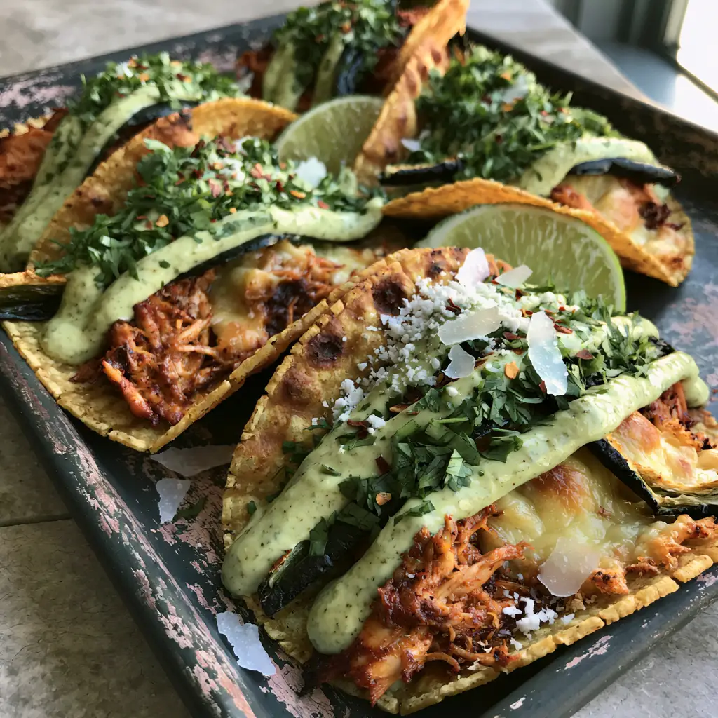 Crispy Poblano Chicken Tacos with Smoky Red Adobo and Poblano Cream 1 Top-down view of Crispy Poblano Chicken Tacos garnished with cotija cheese, fresh cilantro, and lime wedges on a light stone background.