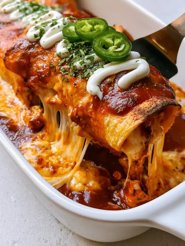 Close-up of fresh jalapeno slices and cilantro on top of a glossy red chicken enchilada.