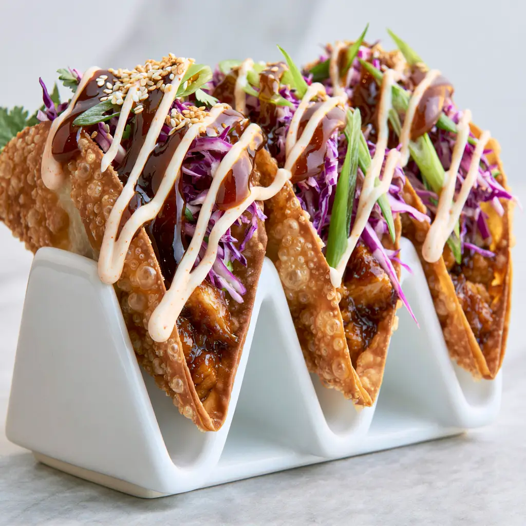 Applebee's Chicken Wonton Tacos: The Ultimate Copycat Recipe 2 A row of four Applebee's Chicken Wonton Tacos in a ceramic holder showing dark mahogany glaze and spicy mayo drizzle.