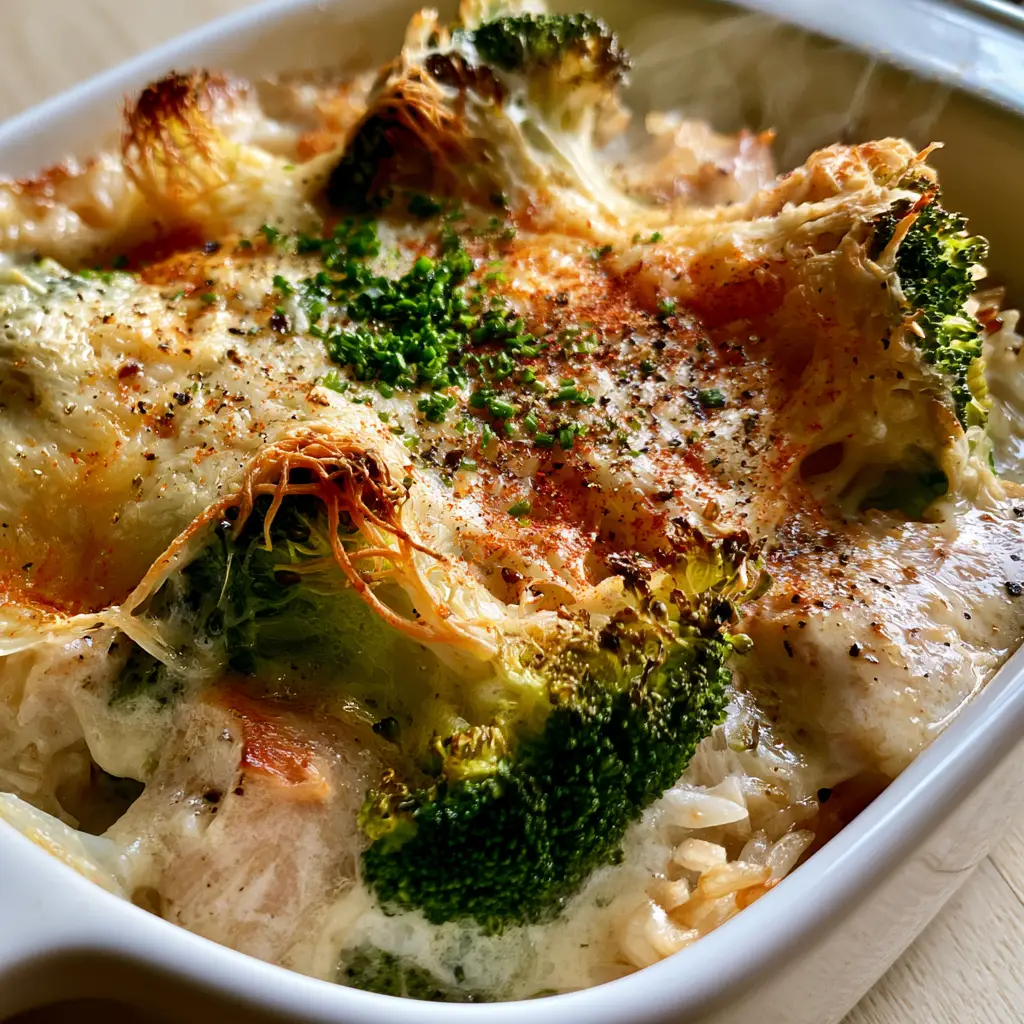 Chicken Broccoli Rice Cheese Casserole: The Ultimate Gourmet Comfort Food 2 Close-up of bubbling white cheddar and gruyere crust on a Chicken Broccoli Rice Cheese Casserole with fresh chives.
