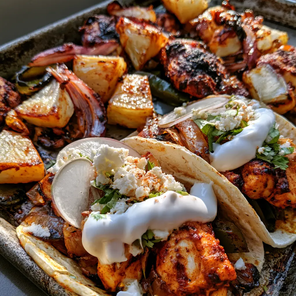 Mexican chicken pineapple tacos with Caramelized Pineapple and Lime Crema 1 Handheld photo of two corn tortillas filled with Mexican chicken and pineapple, topped with a thick zigzag of white lime crema and radish circles.