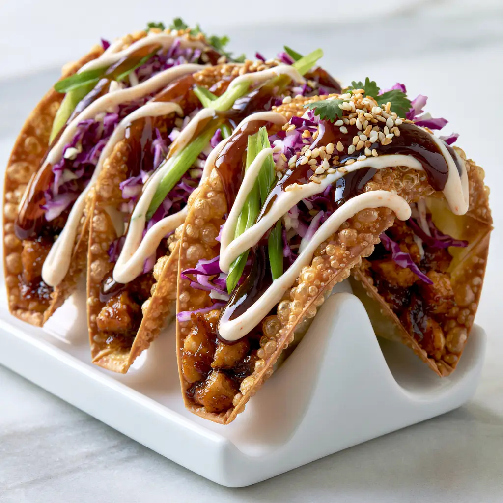 Applebee's Chicken Wonton Tacos: The Ultimate Copycat Recipe 1 Close up shot of Applebee's Chicken Wonton Tacos with shredded cabbage and sesame seeds.