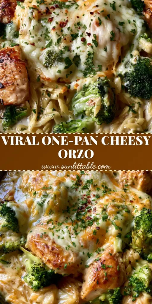 Cheesy Chicken and Broccoli Orzo Skillet Recipe 3 A close-up vertical shot of Cheesy Chicken and Broccoli Orzo in a skillet with bubbling mozzarella, toasted cheddar spots, and fresh parsley garnish.