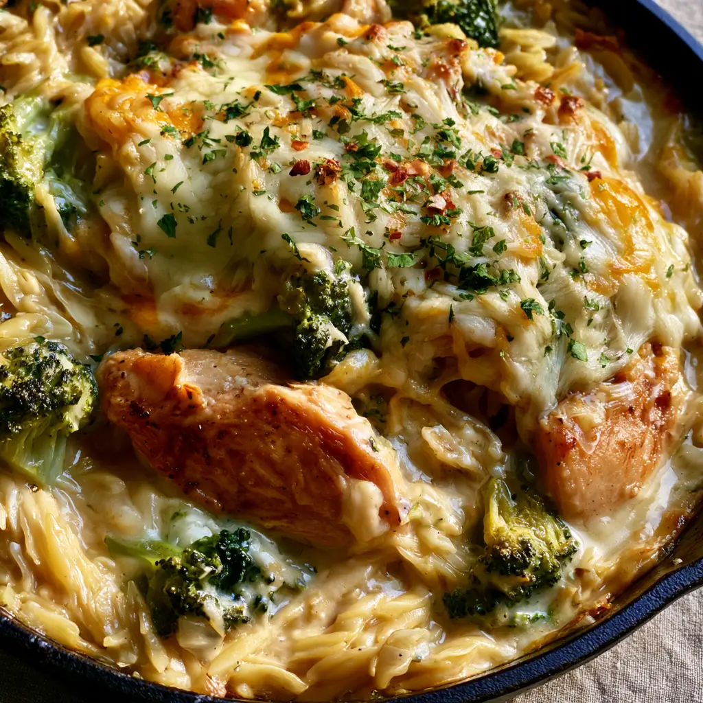 Cheesy Chicken and Broccoli Orzo Skillet Recipe 2 High-angle view of golden pan-seared chicken chunks and vibrant broccoli folded into creamy orzo in a black cast iron skillet.