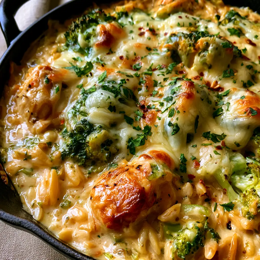 Cheesy Chicken and Broccoli Orzo Skillet Recipe 1 Close-up of melted bubbling mozzarella and sharp cheddar toasted brown spots on top of a chicken and broccoli orzo pasta dish.