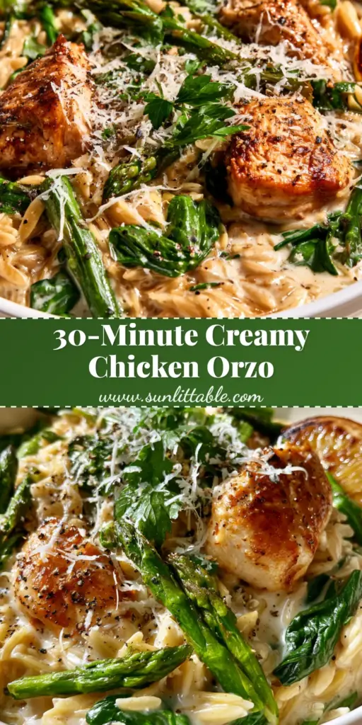 High Protein Chicken Orzo with Lemon and Blanched Asparagus 3 A top-down view of High Protein Chicken Orzo in a white skillet with charred lemons and green asparagus spears.