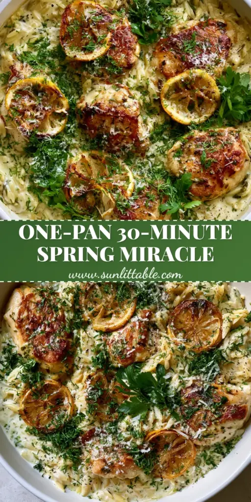 creamy spring herb chicken orzo with Charred Lemon and Parmesan 4 A top-down view of a white skillet filled with creamy spring herb chicken orzo, topped with seared chicken, charred lemon wheels, and fresh dill.