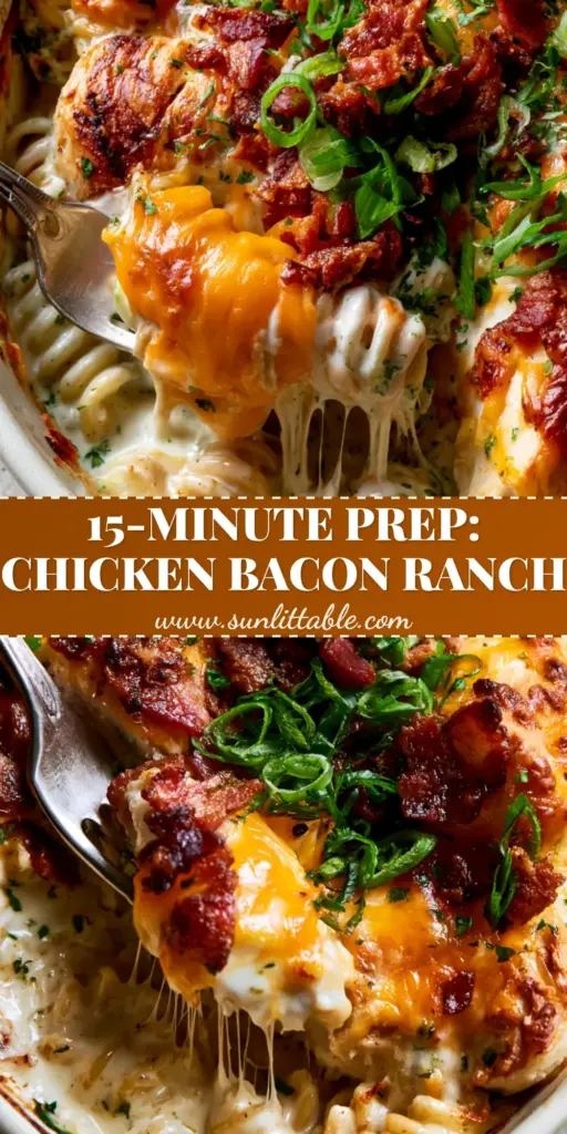Chicken Bacon Ranch Casserole: The Ultimate Creamy Comfort Food 3 A bubbling chicken bacon ranch casserole in a white dish featuring a thick cheese pull with a silver fork, topped with crispy bacon and scallions.