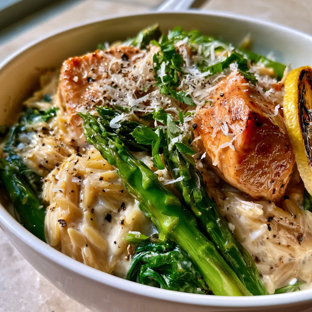 High Protein Chicken Orzo with Lemon and Blanched Asparagus 2 Extreme close-up of creamy Mediterranean chicken orzo with glistening lemon sauce and seared chicken chunks. (High Protein Chicken Orzo)