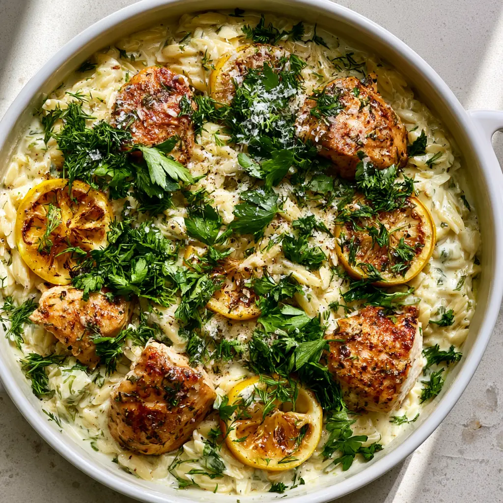 creamy spring herb chicken orzo with Charred Lemon and Parmesan 2 Overhead shot of seared golden-brown chicken chunks resting on velvety lemon cream orzo with fresh herbs. (creamy spring herb chicken orzo)