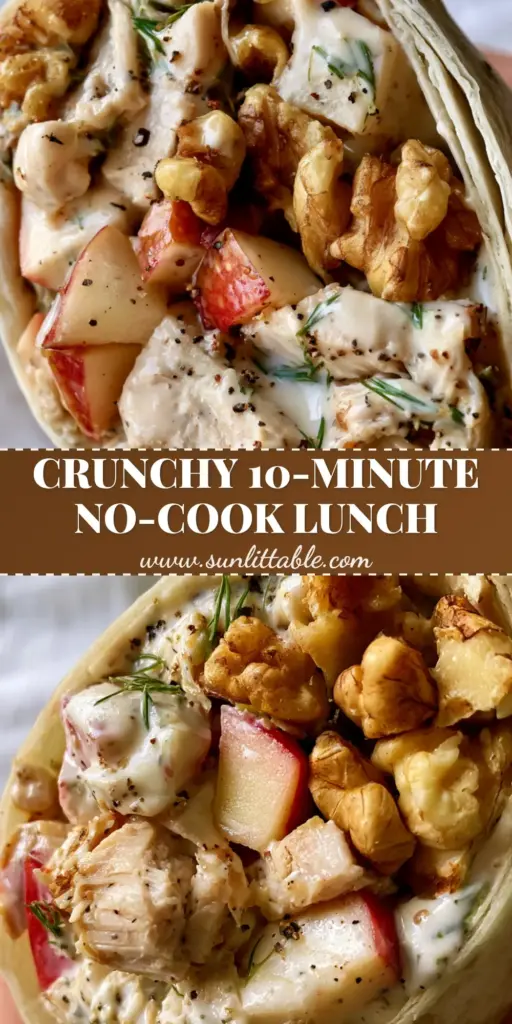 chicken apple salad wraps: The Ultimate Crunchy & Creamy Lunch 4 A tall Pinterest pin showing a close-up cross section of chicken apple salad wraps with shredded chicken, red apples, and walnuts in a flour tortilla.