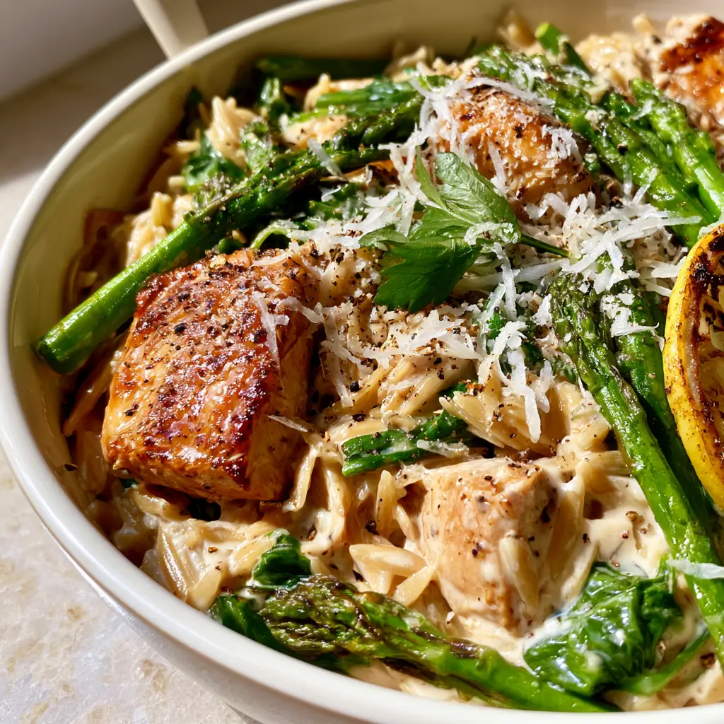 High Protein Chicken Orzo with Lemon and Blanched Asparagus 1 Seared chicken breast nestled in lemon-garlic orzo with vibrant asparagus and micro-planed parmesan. (High Protein Chicken Orzo)