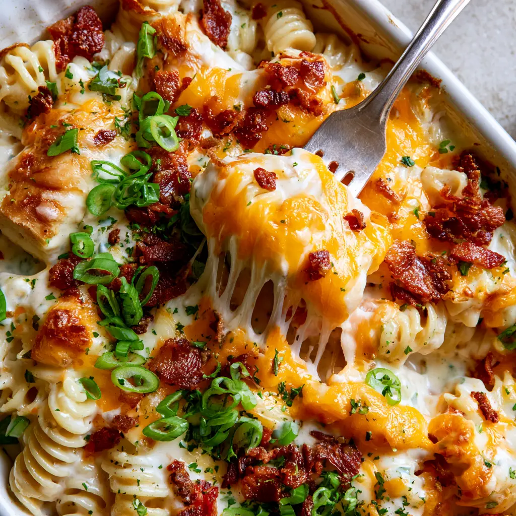 Chicken Bacon Ranch Casserole: The Ultimate Creamy Comfort Food 2 Overhead close-up of chicken bacon ranch casserole showing golden seared chicken cubes and melted sharp orange cheddar.