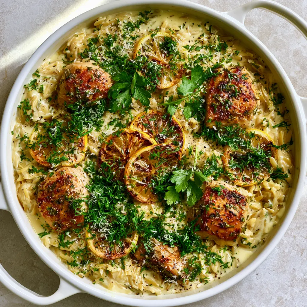 creamy spring herb chicken orzo with Charred Lemon and Parmesan 1 Close up of creamy spring herb chicken orzo showing the texture of the al dente pasta and charred lemon wheels.