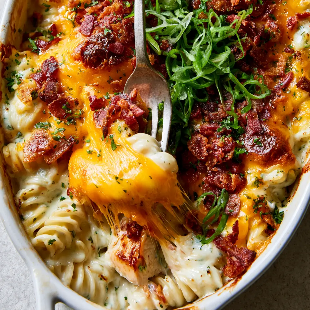 Chicken Bacon Ranch Casserole: The Ultimate Creamy Comfort Food 1 Close-up of crispy reddish-brown smoked bacon crumbles and fresh green scallions on top of a ranch cream pasta bake.