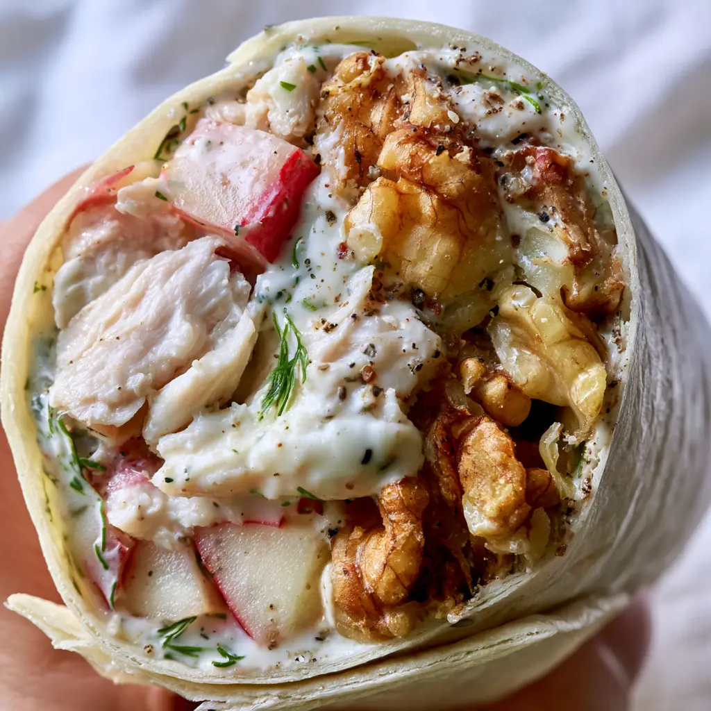 Extreme macro close-up of chicken apple salad wraps showing moisture, thick Greek yogurt dressing, and red-skinned apple chunks.