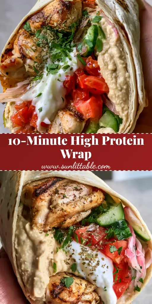A close-up vertical shot of a hand holding two Mediterranean chicken wraps sliced diagonally, showing layers of seared chicken, white tzatziki, red tomatoes, and green cucumbers.