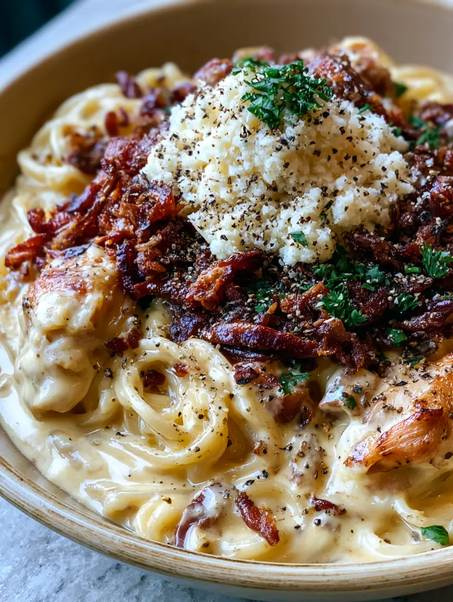 Wide rustic bowl of Chicken Carbonara with glossy pale gold sauce and fluffy parmesan cheese cloud.