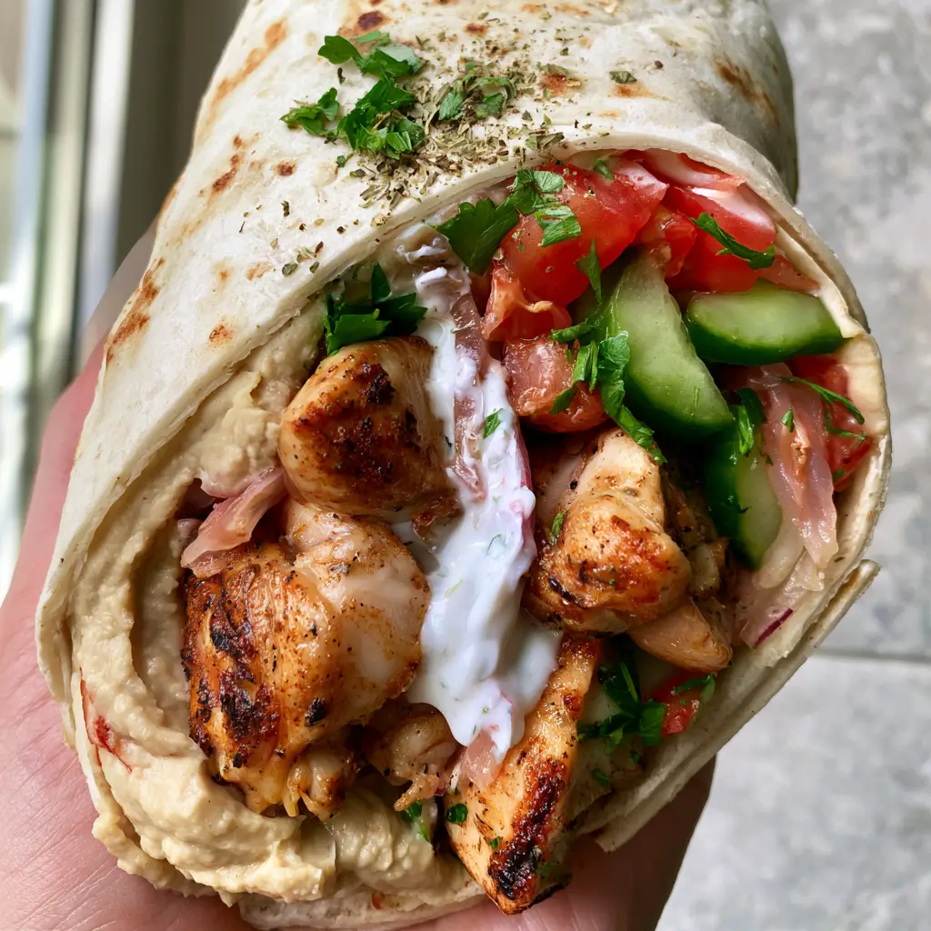 High resolution shot of seared chicken thighs with visible grill marks inside a toasted tortilla wrap with Mediterranean vegetables.