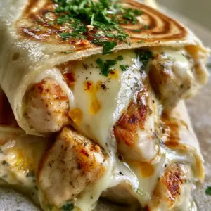 Extreme macro close-up of seared chicken chunks and melting white cheddar inside a toasted tortilla with garlic butter sheen. (Cheesy Garlic Chicken Wraps recipe)