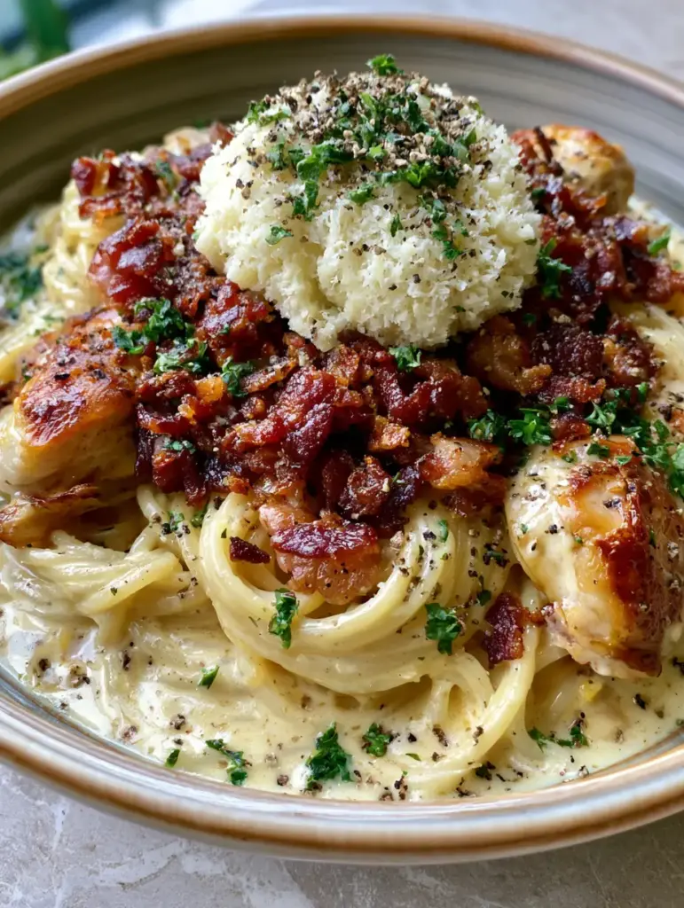 Extreme close-up of tangled spaghetti strands and dark mahogany-red pancetta bits in Chicken Carbonara.