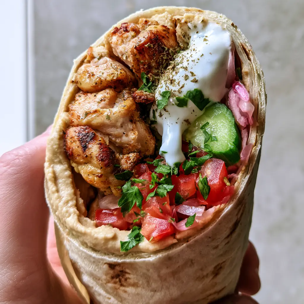 A thick Mediterranean chicken wrap dripping with snowy white tzatziki sauce on a grey stone background.